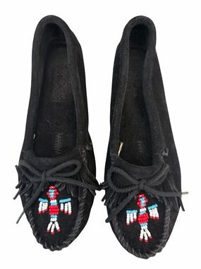 Minnetonka Black Suede Beaded Thunderbird Moccasins